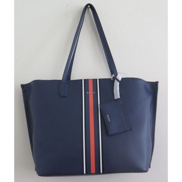 DKNY R21AAQ04 Women's Large Navy Blue w/Stripes Bradee Tote w/Card Pouch $228 - Picture 3 of 12